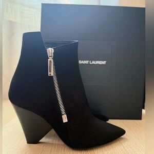Saint Laurent Black Suede Pointed Ankle Boots with Silver Zip